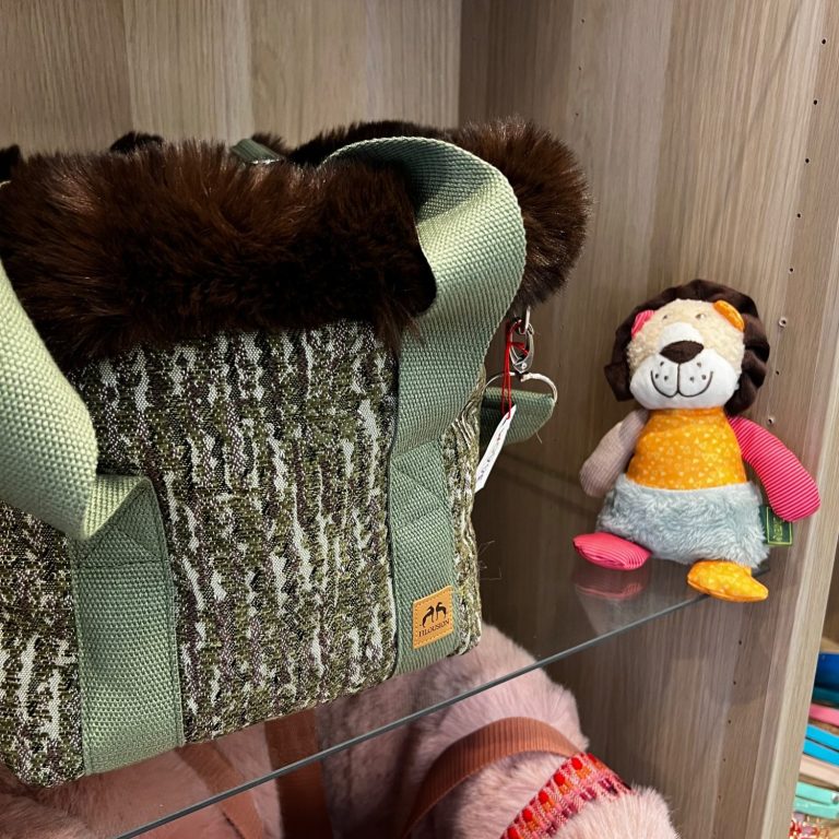 Filousion Tasche und Hundespielzeug Grüne Tasche mit Fellbesatz und ein bunter Plüschlöwe daneben.